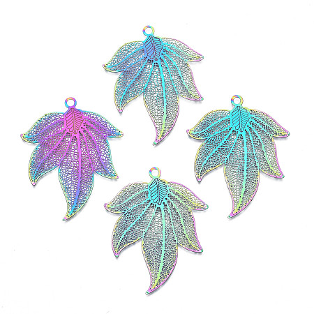 Ion Plating(IP) 304 Stainless Steel Filigree Big Pendants, Etched Metal Embellishments, Leaf, Multi-color, 51x40.5x0.4mm, Hole: 2.5mm