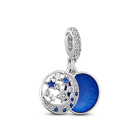 TINYSAND 925 Sterling Silver European Dangle Charm, with Enamel, Flat Round with Moon & Star, Platinum, Blue, 25.64x12.5x4.68mm, Hole: 4.5mm