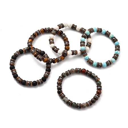 Honeyhandy Natural & Synthetic Gemstone Stretch Bracelets, with Natural Coconut Beads and Non-magnetic Synthetic Hematite Beads, Inner Diameter: 2-1/8 inch(5.5cm)