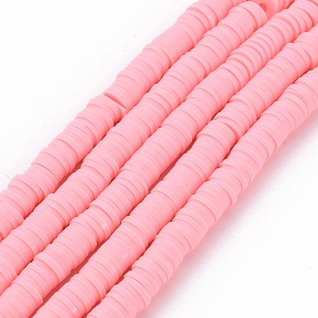 Honeyhandy Handmade Polymer Clay Bead Strands, Heishi Beads, Disc/Flat Round, Pink, 6x0.5~1mm, Hole: 2mm, about 320~447pcs/strand, 15.74 inch~16.92 inch