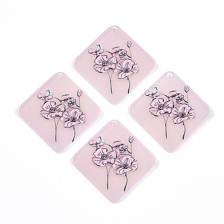 Honeyhandy Acrylic Pendants, 3D Printed, Rhombus with Flower Pattern, Pink, 42x42x3mm, Hole: 1.8mm, Side Length: 32mm