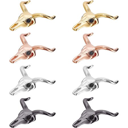 NBEADS 8 Pcs Cattle Skull Head Beads, Brass Cubic Zirconia Charms Animal Head Spacers Loose Beads for Necklace Bracelets Earrings Jewelry Making, 4 Colors