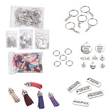 Honeyhandy DIY Keychain Making Kit, Including Inspirational Message Alloy Pendants, Faux Suede Tassel Pendant Decorations with CCB Plastic Cord Ends, Iron Open Jump Rings, Split Key Rings, Antique Silver & Platinum, Faux Suede Tassel Pendant: 35pcs/bag