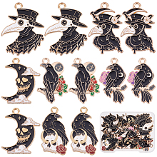 SUNNYCLUE 24Pcs 6 Style Alloy Enamel Pendants, Gothic Theme, Light Gold, Raven/Crow & Moon, Black, 26~32x16~25x1~1.5mm, Hole: 1.8~2.2mm, 4pcs/style