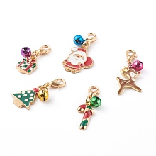 Honeyhandy Christmas Theme Light Gold Alloy Enamel Pendants, with Lobster Claw Clasps and Bell Charms, Christmas Gift & Candy Cane & Santa Claus & Deer & Tree, Mixed Color, 27~36mm