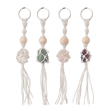 Honeyhandy Cotton Thread Macrame Pouch Gemstone Tassel Keychain, with Wood Bead and 304 Stainless Steel Split Key Rings, 17.6~17.9cm