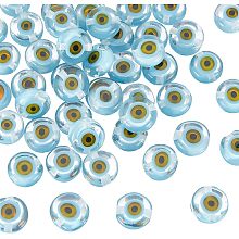 NBEADS About 49 Pcs Evil Eye Lampwork Beads, 8mm Light Blue Handmade Evil Eye Beads Flat Round Evil Eye Glass Flat Beads for Necklace Bracelet Earrings Jewelry Making