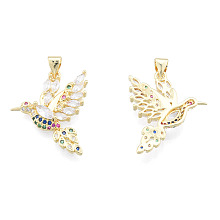 Honeyhandy Brass Micro Pave Colorful Cubic Zirconia Pendants, with Brass Snap on Bails, Nickel Free, Hummingbird, Real 18K Gold Plated, 21x23x4.5mm, Hole: 3x4mm