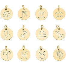 Unicraftale 304 Stainless Steel Pendants, Flat Round with Constellation/Zodiac Sign, Golden, 12x1mm, Hole: 3mm; 12pcs/set