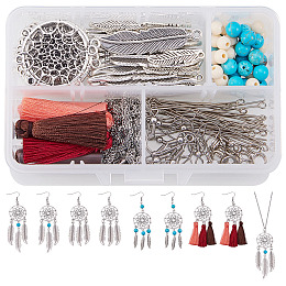 SUNNYCLUE Bohemian Feather Dream Catcher Pendant Necklace & Drop Dangle Earrings Making Kit Include Earring Hooks, 30" Long Chain Necklace - DIY Make 2 Strands Necklace + 4 Pairs Earrings