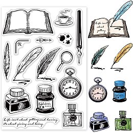 GLOBLELAND Vintage Stationery Clear Stamp Ink Bottle Silicone Clear Stamp Coffee and Book Rubber Stamps for Scrapbook Journal Card Making