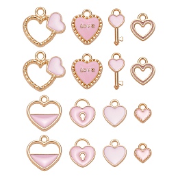 Honeyhandy 80Pcs 8 Style Light Gold Alloy Enamel Pendants, for Valentine's Day, Heart, Pink, 8.5~18x7~18x1.5~3mm, Hole: 1.6~2mm, 10pcs/style