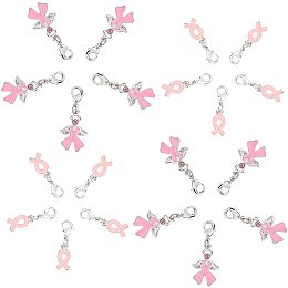 SUNNYCLUE 1 Box 20Pcs 2 Styles Alloy Ribbon Pendants Rhinestone Breast Cancer Awareness Prevention Propaganda Dangle Enamel Hope Charms Guardian Angel Wing with Lobster Claw Clasps for Crafts, Pink