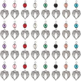 PandaHall Elite 32pcs Angel Wing Beads, 8 Colors 8mm Round Pearl Beads with Antique Silver Wing Charms Angel Fairy Wing Beads Dangle Pendants for DIY Necklace Bracelet Jewelry Keychain Making