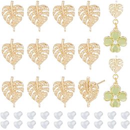 BENECREAT 12 PCS Real 18k Gold Plated Leaf Brass Stud Earrings, Gold Tropical Leaf Studs with Vertical Rings, 20 PCS Plastic Studs for Earring Jewelry, Jewelry Making Accessories