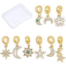 CREATCABIN 1 Box 9Pcs 9 Styles European Dangle Beads 18K Real Gold Plated Rhinestone Star Moon Charms Spacer Bails Connector Large Hole for Jewelry Making Charms DIY Bracelets Crafts