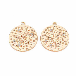 Brass Micro Pave Clear Cubic Zirconia Pendants, Nickel Free, Flat Round with Holly Leaf, Real 18K Gold Plated, 22x20x2mm, Hole: 1.5mm