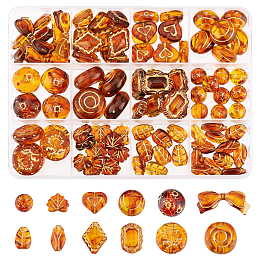 PandaHall Elite 99Pcs 12 Style Imitation Amber Transparent Acrylic Beads, Chocolate, Metal Enlaced, Mixed Shapes, 10~19mm, 99pcs/box