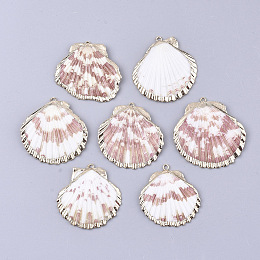 Honeyhandy Electroplate Sea Shell Pendants, with Iron Findings, Light Gold, Colorful, 30~45x30~45x3~7mm, Hole: 1.0mm