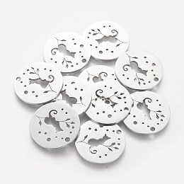 Honeyhandy 201 Stainless Steel Kitten Pendants, Flat Round with Cat & Branch, Stainless Steel Color, 20x1mm, Hole: 1.5mm