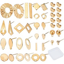 SUNNYCLUE 1 Box 46Pcs 16 Styles Stainless Steel Stud Earring Finding Including 32pcs Hypoallergenic Ear Stud & 14Pcs Ear Nuts for Women Beginners DIY Earring Jewellery Making Crafts, Golden