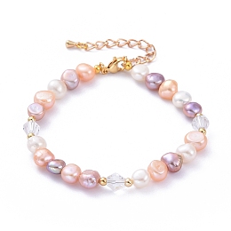 Honeyhandy Natural Cultured Freshwater Pearl Beaded Bracelets, with 304 Stainless Steel Lobster Claw Clasps, Brass & Glass Beads, Colorful, 9-5/8 inch(24.5cm)