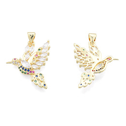 Honeyhandy Brass Micro Pave Colorful Cubic Zirconia Pendants, with Brass Snap on Bails, Nickel Free, Hummingbird, Real 18K Gold Plated, 21x23x4.5mm, Hole: 3x4mm