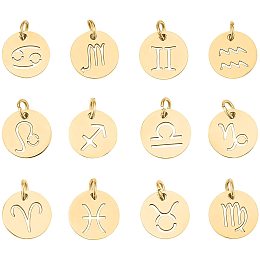 Unicraftale 304 Stainless Steel Pendants, Flat Round with Constellation/Zodiac Sign, Golden, 12x1mm, Hole: 3mm; 12pcs/set