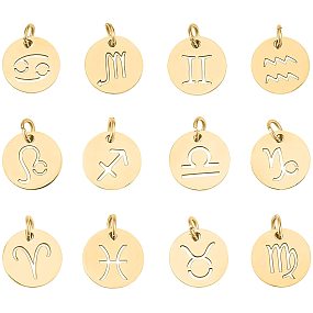 Unicraftale 304 Stainless Steel Pendants, Flat Round with Constellation/Zodiac Sign, Golden, 12x1mm, Hole: 3mm; 12pcs/set