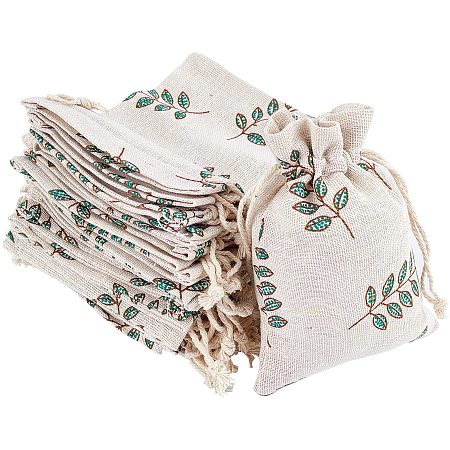 Polycotton(Polyester Cotton) Packing Pouches Drawstring Bags, with Printed Leaf, Wheat, 14x10cm