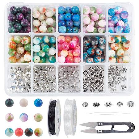 SUNNYCLUE DIY Stretch Bracelets Making Kits, include Dyed Natural White Jade, Alloy Spacer Beads, Iron Beading Needles, Elastic Crystal Thread and Steel Scissors, Mixed Color, Jade Beads: 8mm, Hole: 1mm, 250pcs/set
