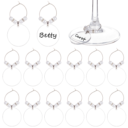 BENECREAT 20 Flat Round Clear Wine Glass Name Charms, Acrylic Wine Glass Charms with Brass Wine Glass Charm Rings for Glass Identification and Wine Glass Decoration