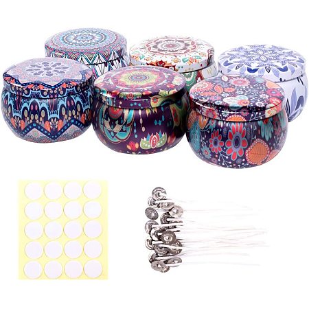 BENECREAT 6 Packs Medium Vintage Pattern Tinplate Round Candle Making Jars Tins with 20 Pcs Candle Wick and 20 Pcs Paper Stickers for Aromatherapy Balms
