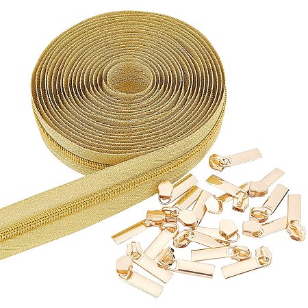 BENECREAT 2 Rolls x 5 Yards #10 Nylon Closed-end Zippers with 20Pcs Metal Sliders for DIY Sewing Tailor Crafts Bags Tents, Gold