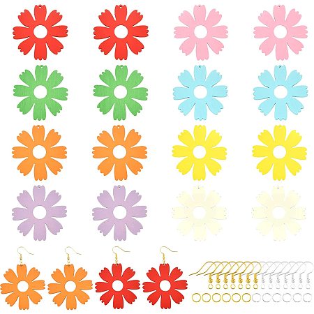 NBEADS 16 Pairs Wooden Dangle Earring Making Kits, Flower Wood Pendants Colorful Flower Theme Charms with Earring Hooks and Jump Rings for DIY Earring Makings