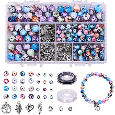 PH PandaHall 300pcs 2 Size Ink Patterns Resin Beads Acrylic Round Loose Beads, 90pcs Spacer Beads, 80pcs Charms Pendant with 2 Roll Crystal String for Bracelets Jewelry Making