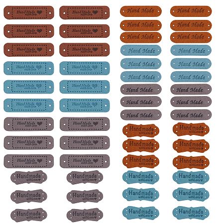 Honeyhandy Microfiber Leather Labels, Handmade Embossed Tag, with Holes, for DIY Jeans, Bags, Shoes, Hat Accessories, Rectangle with Word Handmade, Mixed Color, 54pcs/box