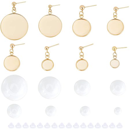 UNICRAFTALE 16 Sets 8 Sizes Flat Round Earring Making Kits 304 Stainless Steel Stud Earring Settings with Transparent Glass Cabochons and Plastic Ear Nuts Golden Earring Components for DIY Earring
