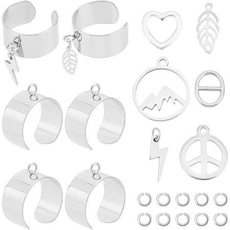UNICRAFTALE 6pcs Gothic Punk Chain Finger Ring Set 17mm Stainless Steel Open Finger Ring with Mountain Peace Sign Heart Leaf Charm Hip Hop Adjustable Stackable Statement Knuckle Ring for Party Jewelry