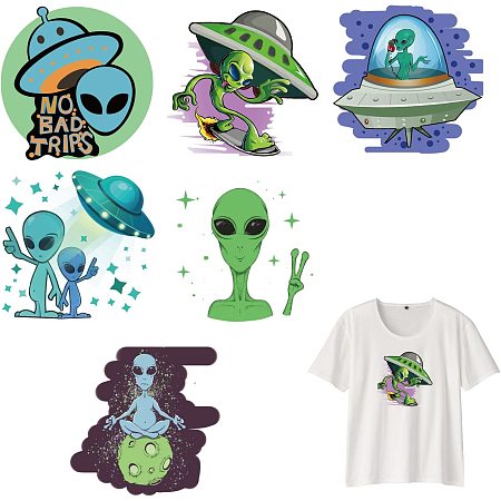 NBEADS 6 Pcs Alien Themed Heat Transfer Stickers, Aliens Spaceships Stars Iron On Patches DIY Iron On Transfers Patches Sew On Decals for T-Shirt Jackets Sweatshirt Backpack Clothing Applique