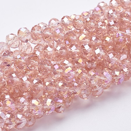 Honeyhandy Electroplate Glass Beads Strands, AB Color Plated, Faceted, Rondelle, Pink, 8x5~6.5mm, Hole: 1mm, about 72pcs/strand, 16.5 inch