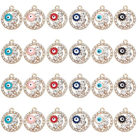 NBEADS 24 Pcs Flat Round Evil Eye Charms with Crystal Rhinestone, 6 Colors Alloy Enamel Evil Eye Charms Flat Round Evil Eye Charms for Bracelet Earring Necklace DIY Jewelry Making