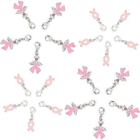 SUNNYCLUE 1 Box 20Pcs 2 Styles Alloy Ribbon Pendants Rhinestone Breast Cancer Awareness Prevention Propaganda Dangle Enamel Hope Charms Guardian Angel Wing with Lobster Claw Clasps for Crafts, Pink