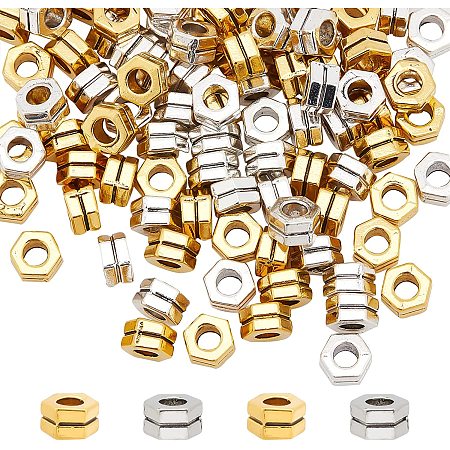 CHGCRAFT 100Pcs 2Colors Alloy Hexagon Beads Spacer Beads Plated Brass Metal Hexagon Loose Beads Hexagon Charm for Jewelry Bracelet Necklace Making
