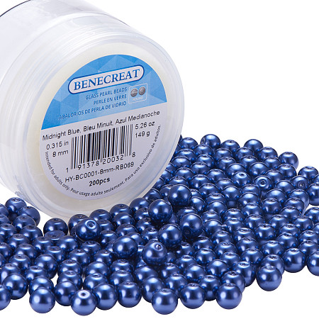 BENECREAT 200 Piece 8 mm Environmental Dyed Pearlize Glass Pearl Round Bead for Jewelry Making with Bead Container, Midnight Blue