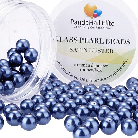 PandaHall Elite 10mm About 100Pcs Tiny Satin Luster Glass Pearl Round Beads Assortment Lot for Jewelry Making Round Box Kit Purple Navy