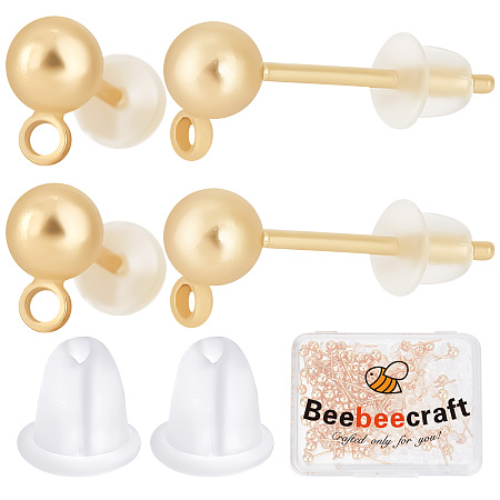 Beebeecraft 1 Box 100Pcs Ball Stud Earring Findings 18K Gold Plated Brass Earring Studs Posts Finding Kit with Loop and 100Pcs Plastic Ear Nuts for Women Jewellery Making
