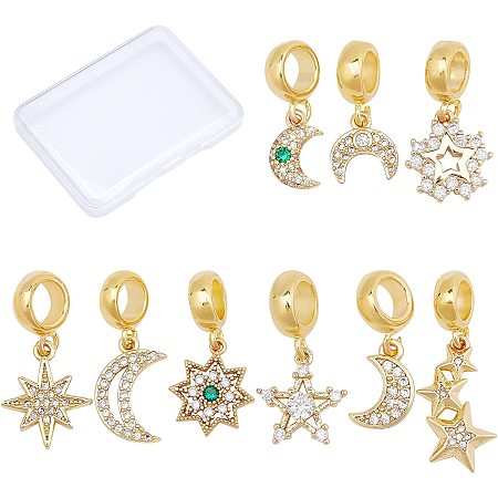 CREATCABIN 1 Box 9Pcs 9 Styles European Dangle Beads 18K Real Gold Plated Rhinestone Star Moon Charms Spacer Bails Connector Large Hole for Jewelry Making Charms DIY Bracelets Crafts