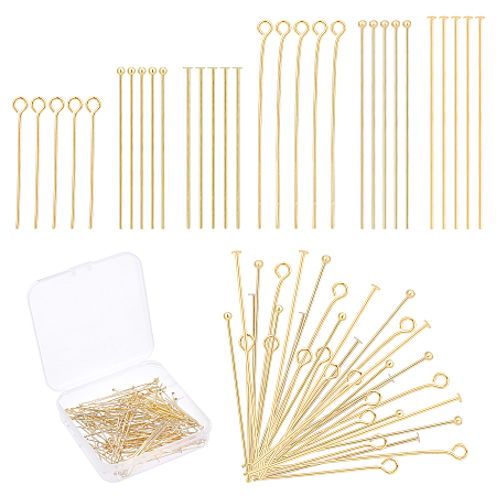 PandaHall Elite 180Pcs 6 Style Brass Flat Head Pins, Long-Lasting Plated, Real 18K Gold Plated, 30~45x0.7mm, 30pcs/style