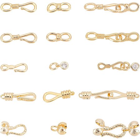 PandaHall Elite 5 Styles S Hook Ring Toggle Clasps, 18K Gold Plated Hook and Eye Clasps Hook Eye Toggle Cord Rope End Clasps Connector Beads for Necklace Bracelet Jewelry Making, 10 Sets